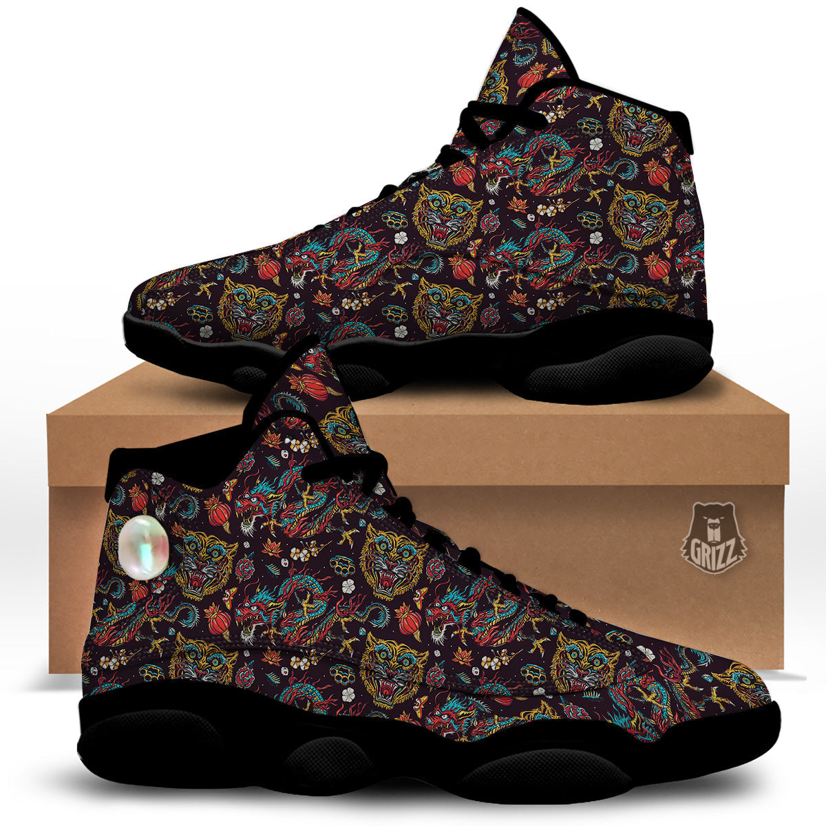 Tigers And Dragons Colorful Tattoo Print Pattern Black Basketball Shoes-grizzshop