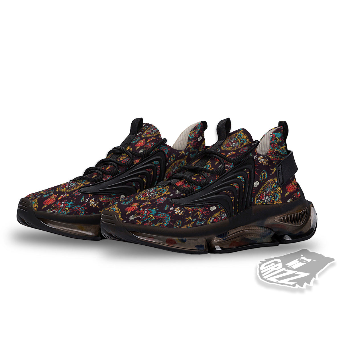 Tigers And Dragons Colorful Tattoo Print Pattern Black Gym Shoes-grizzshop