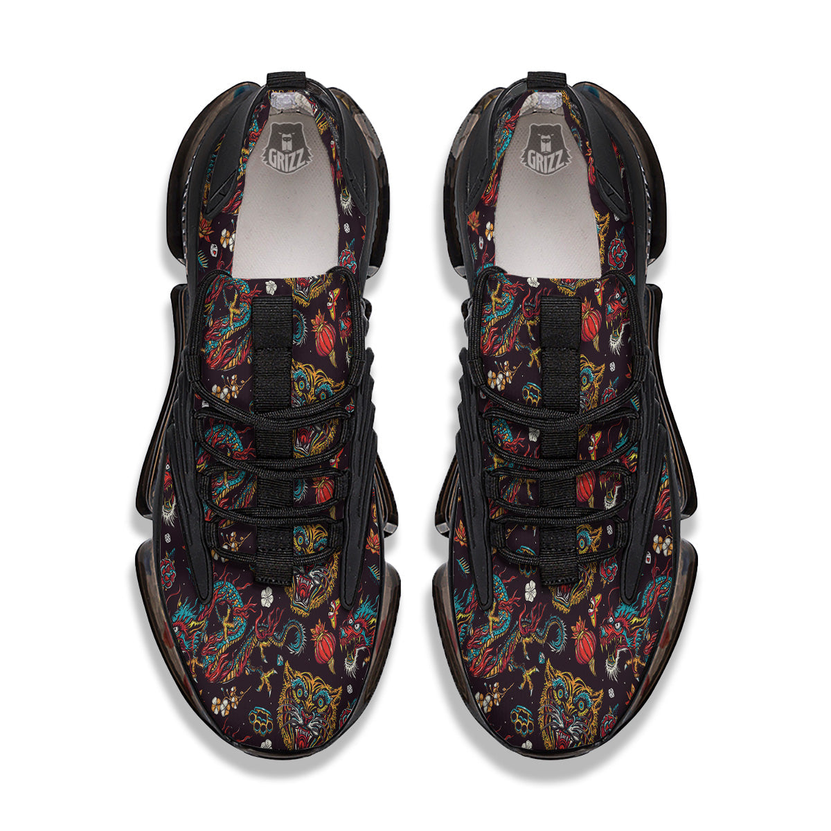 Tigers And Dragons Colorful Tattoo Print Pattern Black Gym Shoes-grizzshop