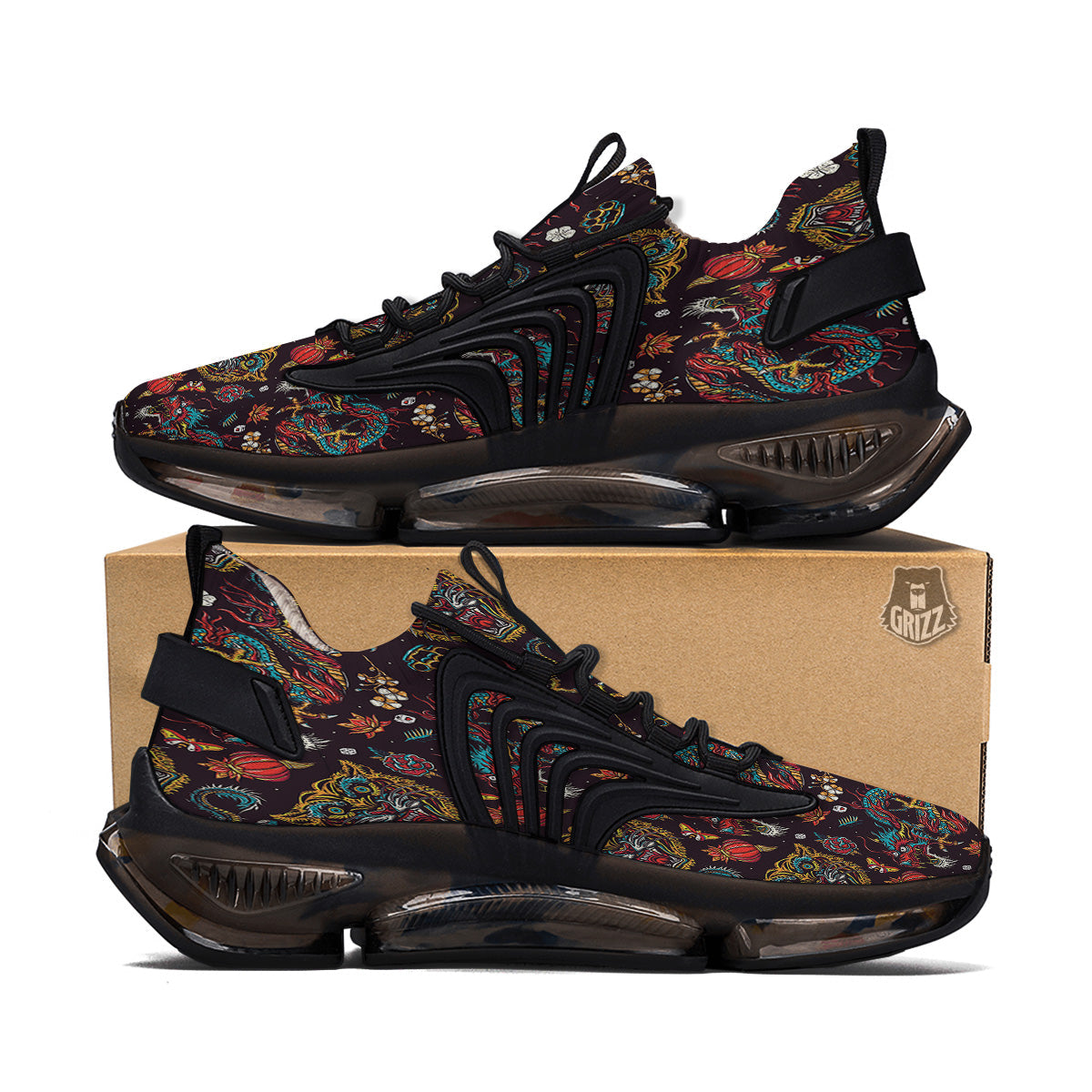 Tigers And Dragons Colorful Tattoo Print Pattern Black Gym Shoes-grizzshop