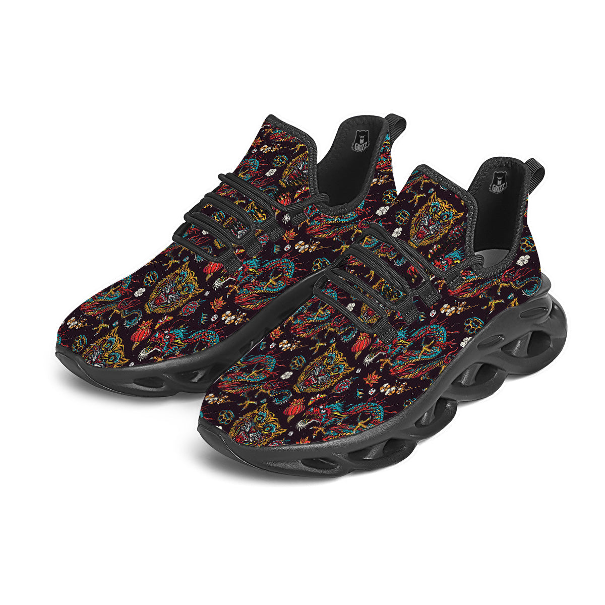 Tigers And Dragons Colorful Tattoo Print Pattern Black Running Shoes-grizzshop