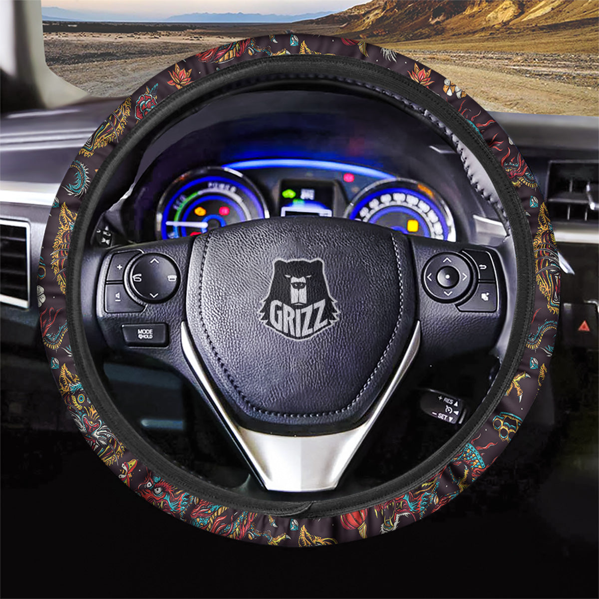 Tigers And Dragons Colorful Tattoo Print Pattern Car Steering Wheel Cover-grizzshop