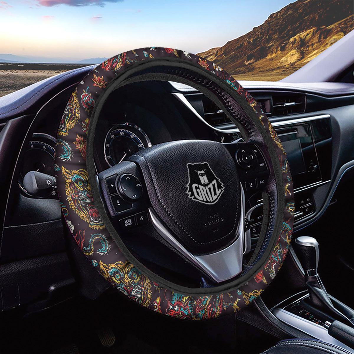Tigers And Dragons Colorful Tattoo Print Pattern Car Steering Wheel Cover-grizzshop