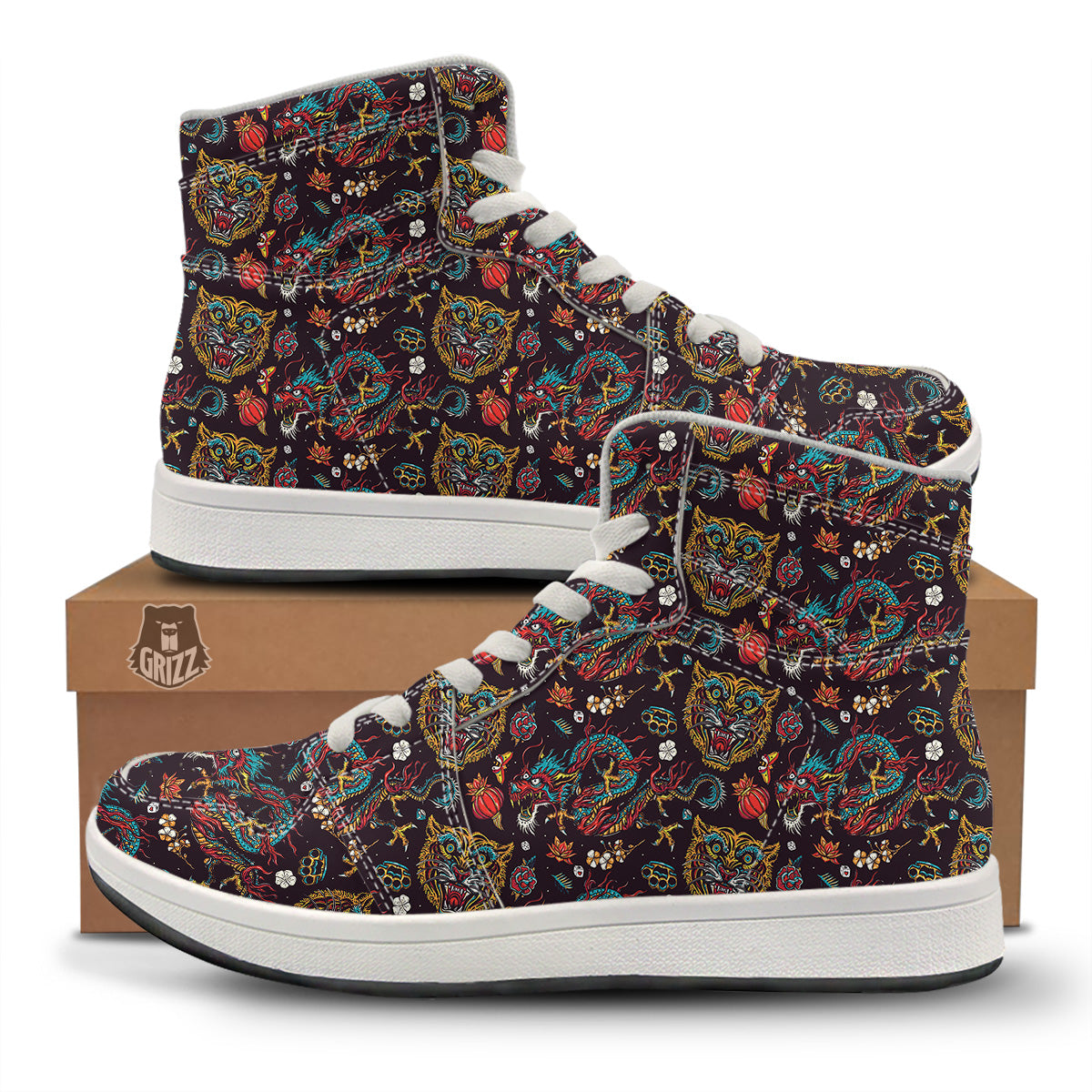 Tigers And Dragons Colorful Tattoo Print Pattern High Top Sneakers-grizzshop