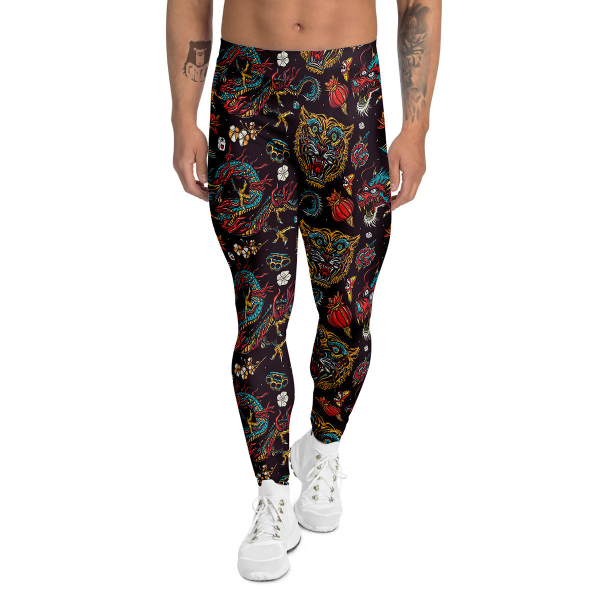 Tigers And Dragons Colorful Tattoo Print Pattern Men's Leggings-grizzshop