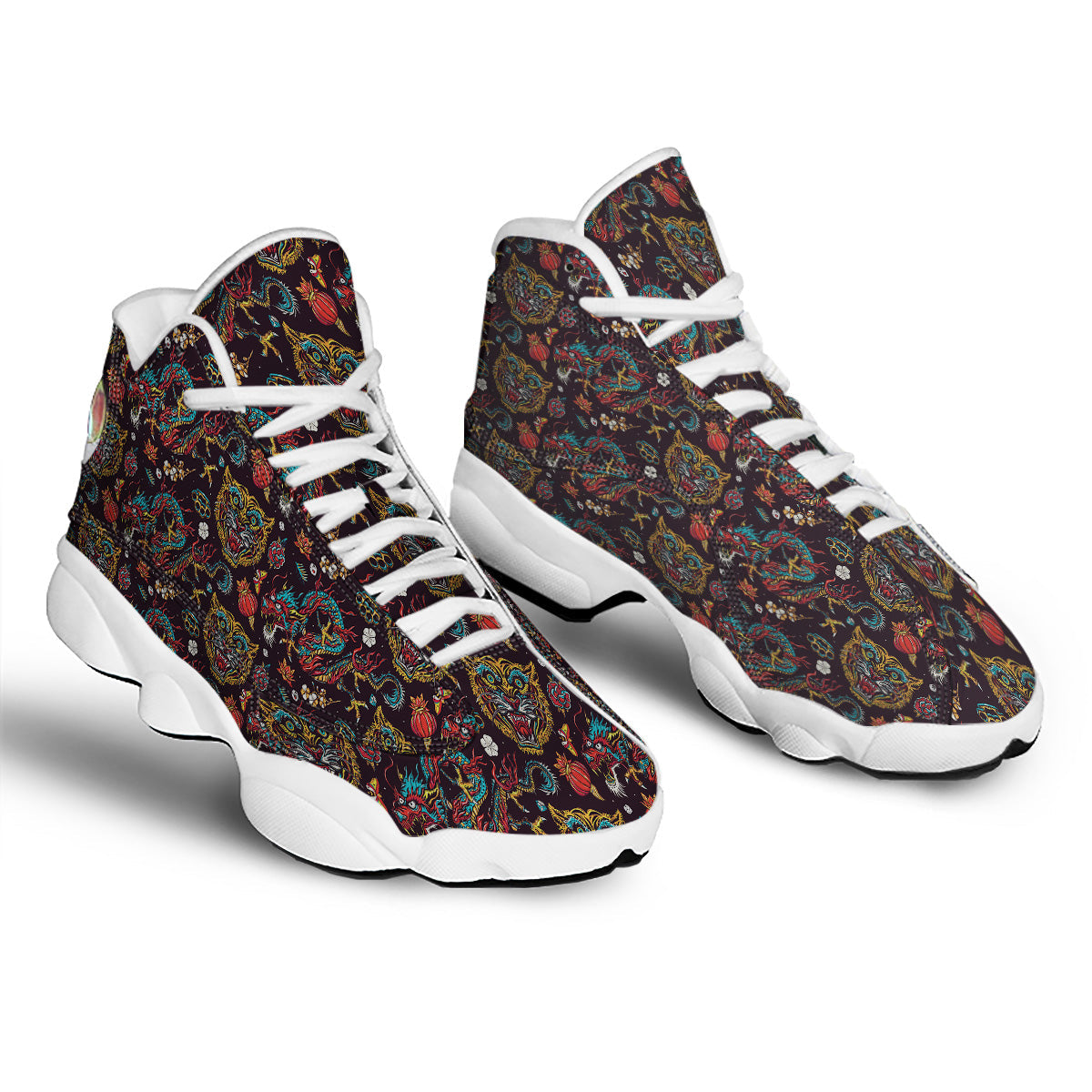 Tigers And Dragons Colorful Tattoo Print Pattern White Basketball Shoes-grizzshop