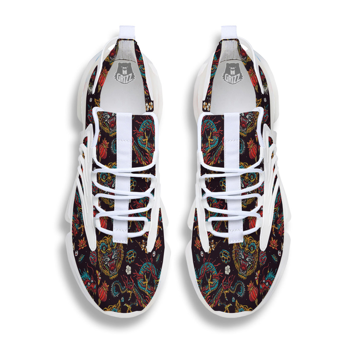Tigers And Dragons Colorful Tattoo Print Pattern White Gym Shoes-grizzshop