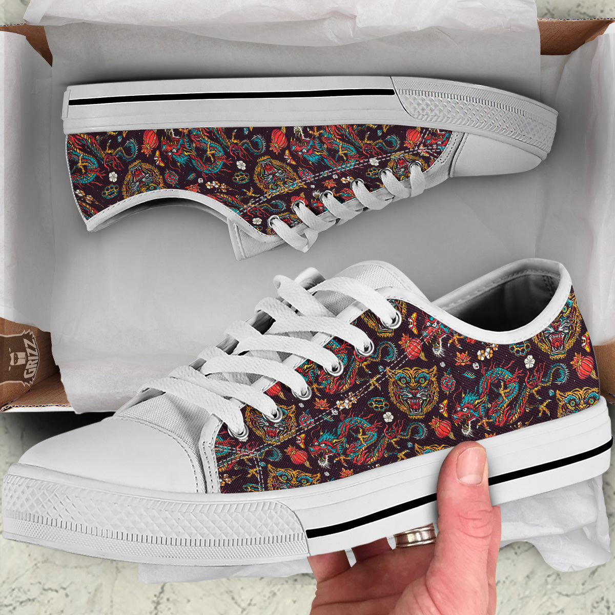 Tigers And Dragons Colorful Tattoo Print Pattern White Low Top Shoes-grizzshop