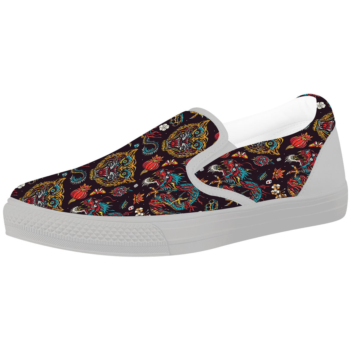 Tigers And Dragons Colorful Tattoo Print Pattern White Slip On Shoes-grizzshop