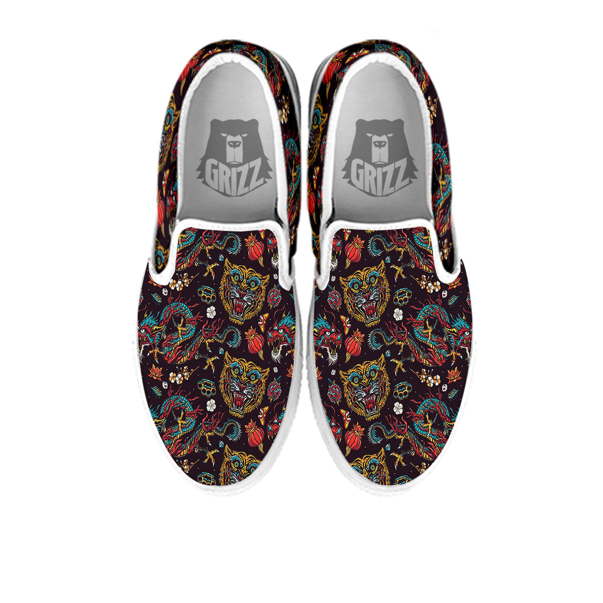 Tigers And Dragons Colorful Tattoo Print Pattern White Slip On Shoes-grizzshop