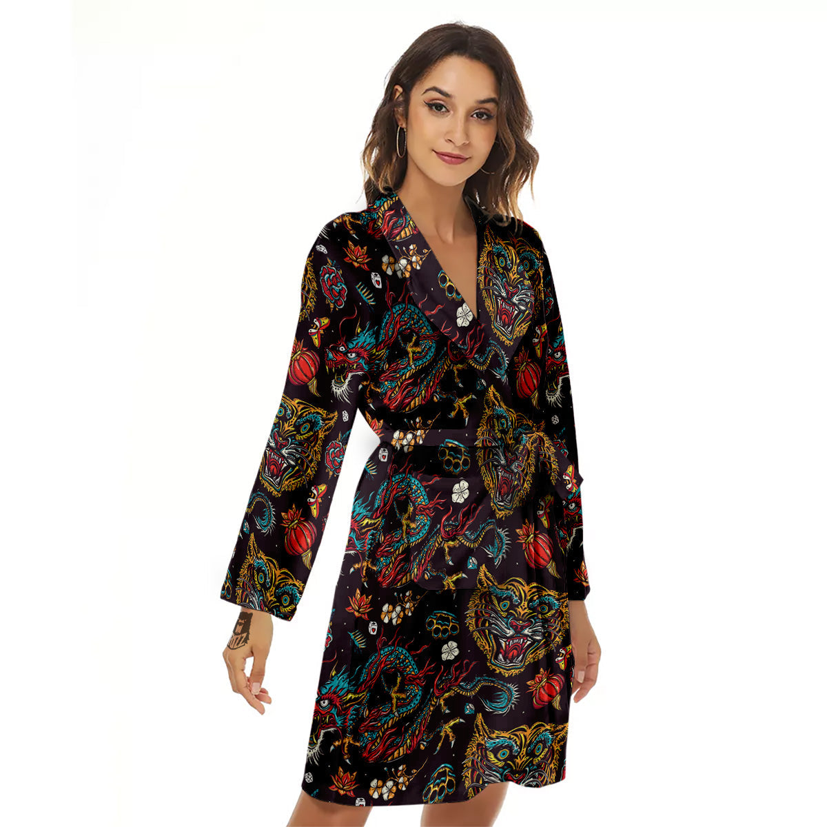 Tigers And Dragons Colorful Tattoo Print Pattern Women's Robe-grizzshop