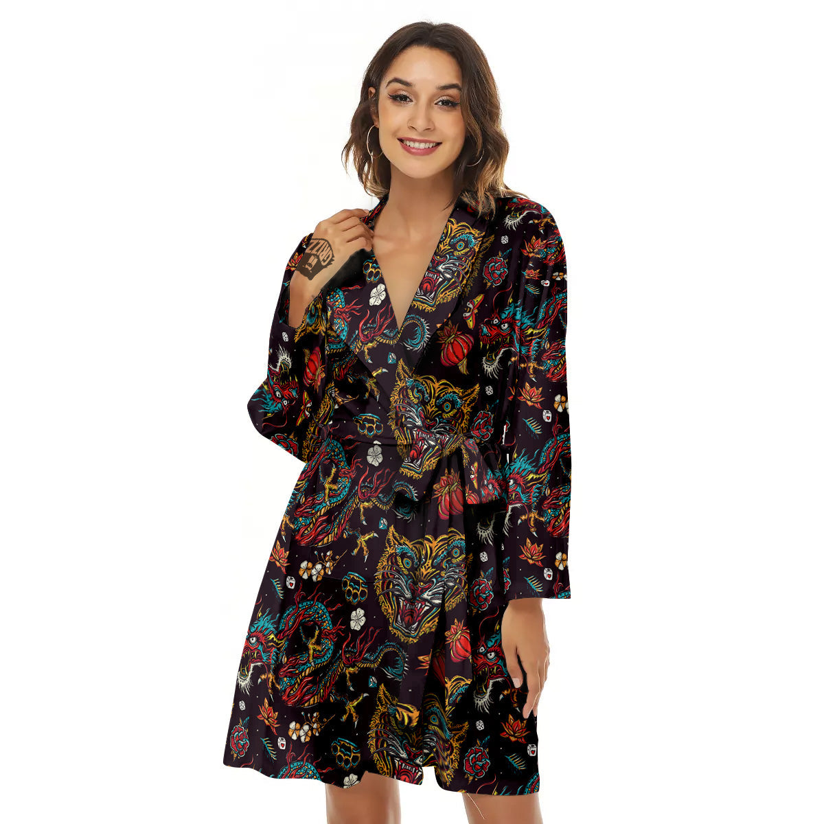 Tigers And Dragons Colorful Tattoo Print Pattern Women's Robe-grizzshop