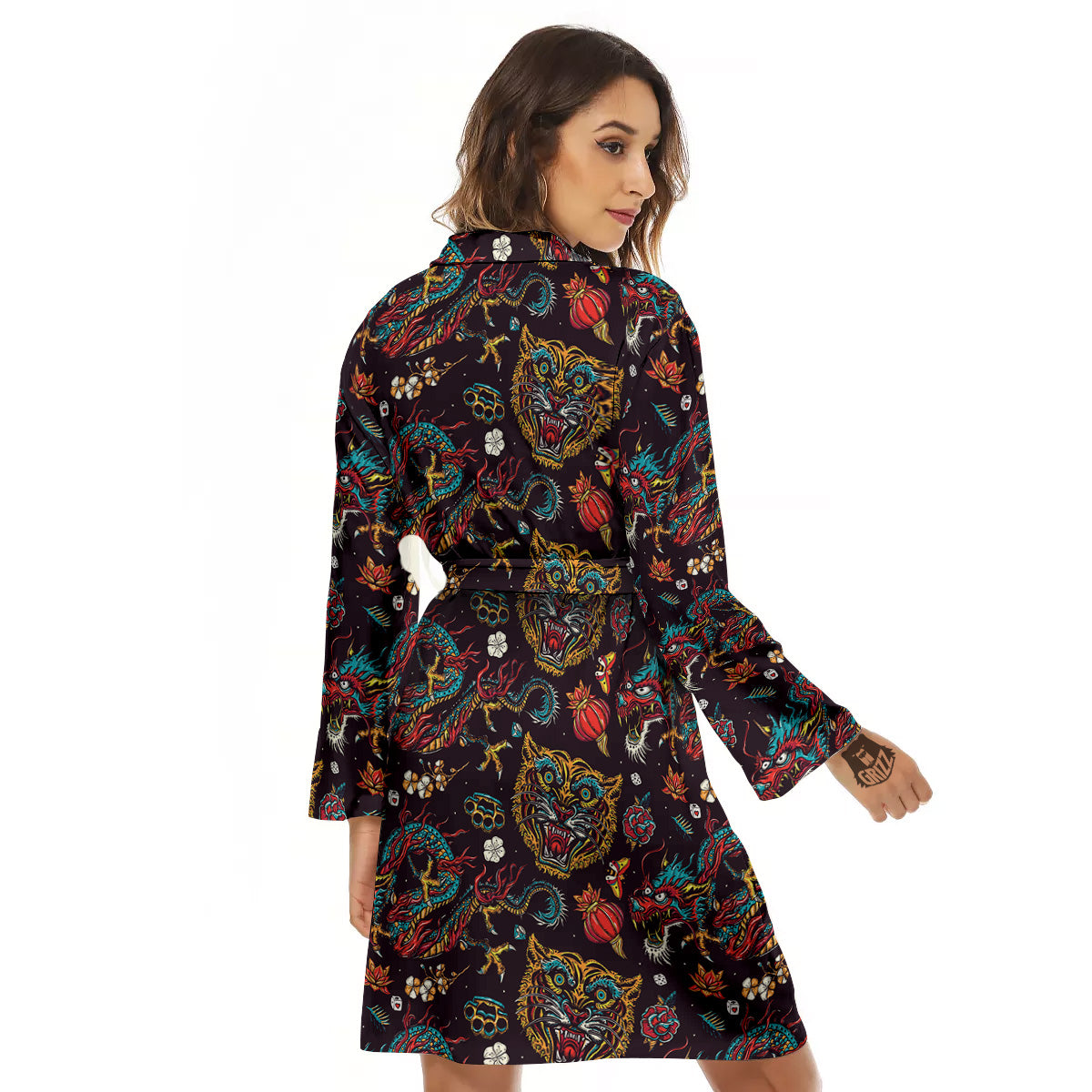 Tigers And Dragons Colorful Tattoo Print Pattern Women's Robe-grizzshop
