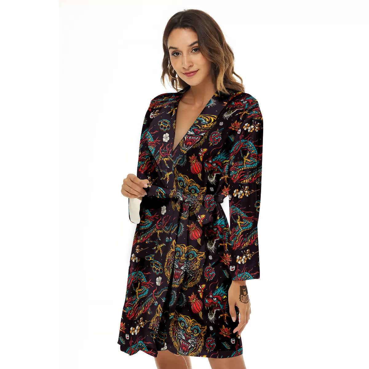 Tigers And Dragons Colorful Tattoo Print Pattern Women's Robe-grizzshop