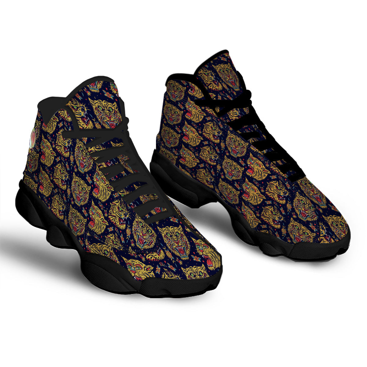 Tigers Head Tattoo Print Pattern Black Basketball Shoes-grizzshop