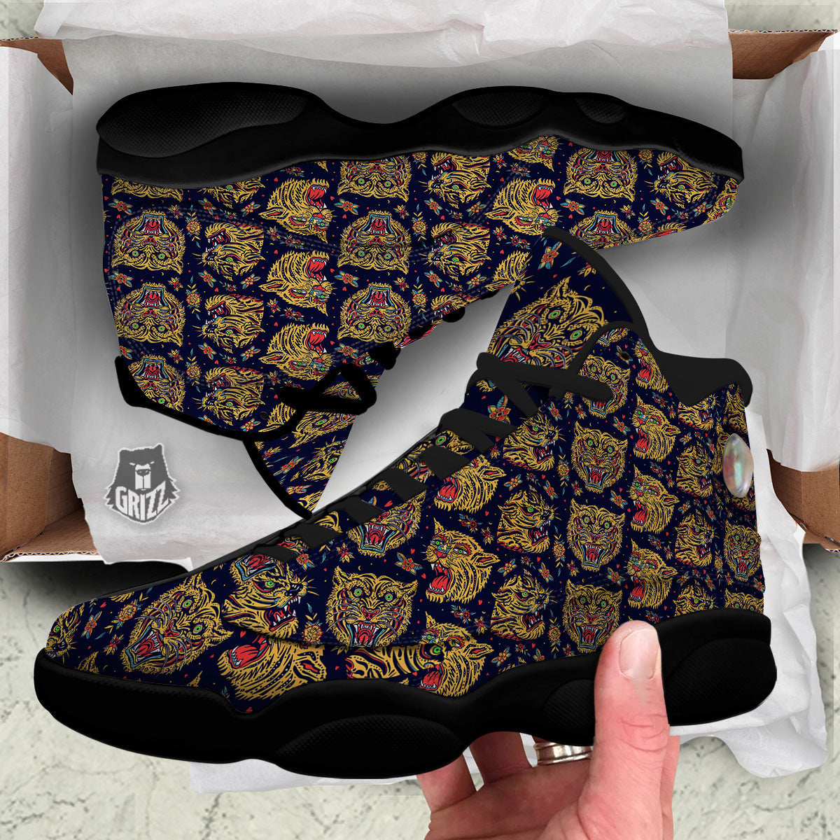 Tigers Head Tattoo Print Pattern Black Basketball Shoes-grizzshop