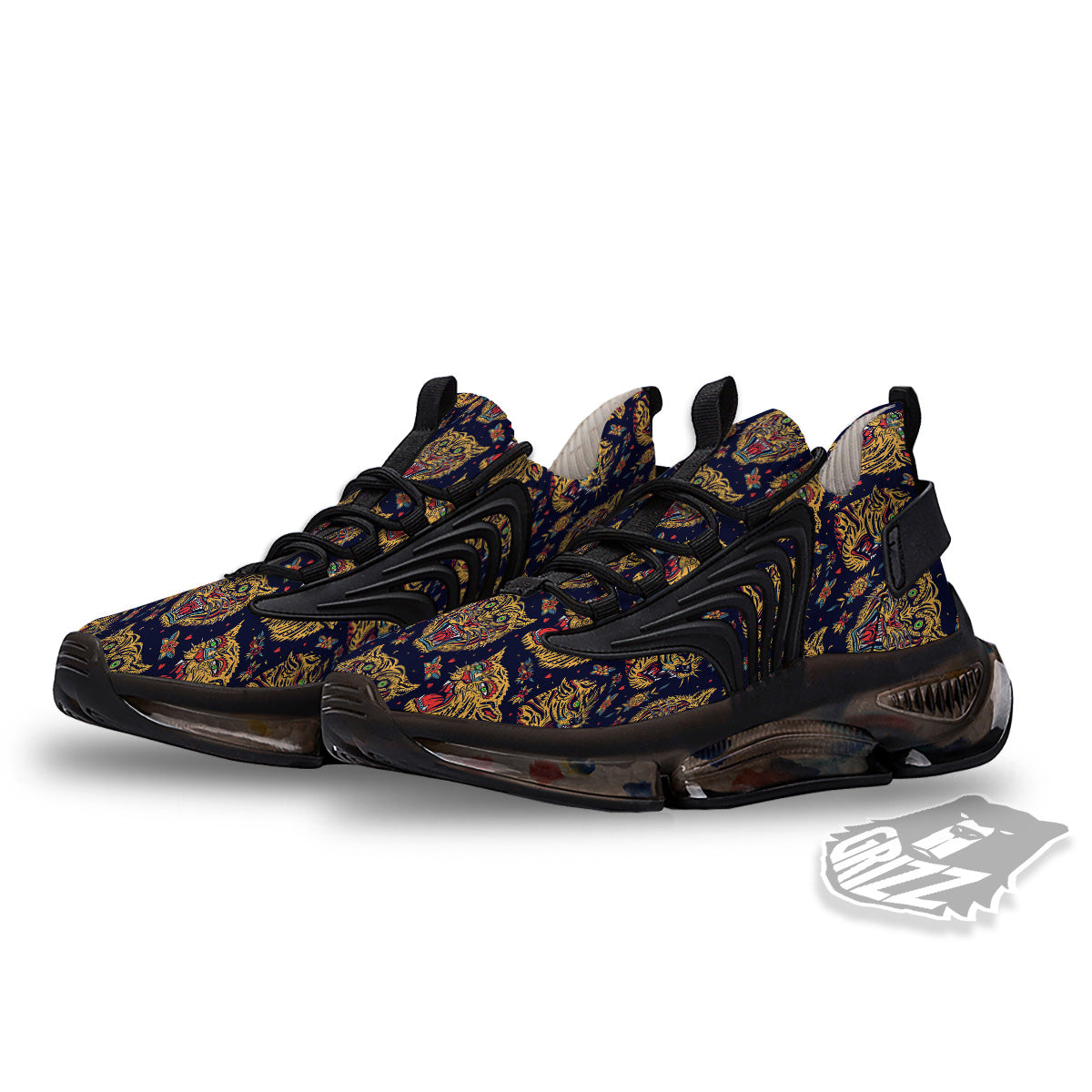 Tigers Head Tattoo Print Pattern Black Gym Shoes-grizzshop
