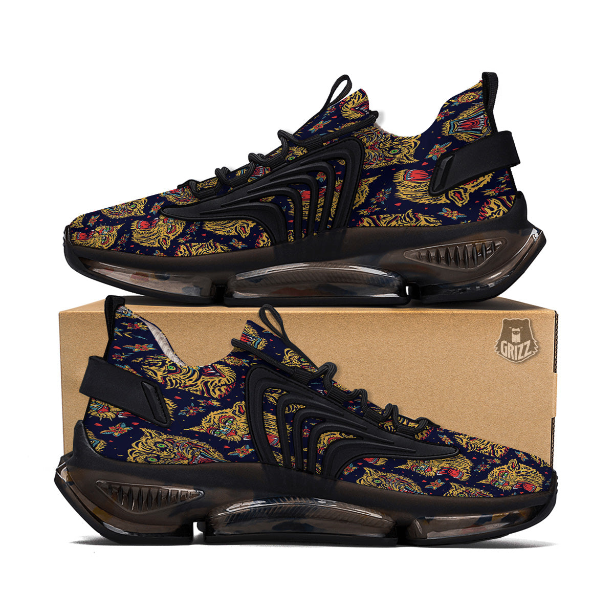 Tigers Head Tattoo Print Pattern Black Gym Shoes-grizzshop