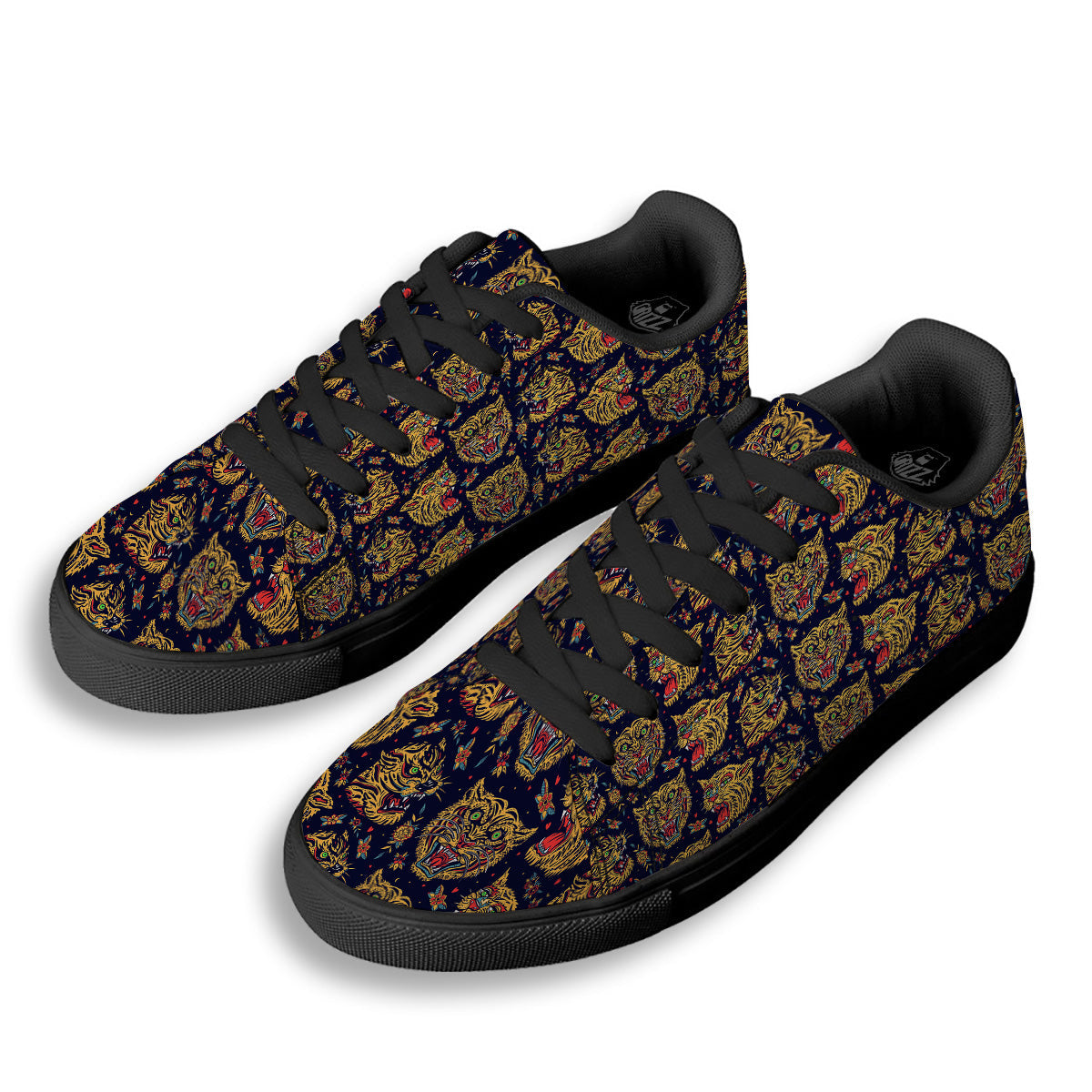 Tigers Head Tattoo Print Pattern Black Low Top Sneakers-grizzshop