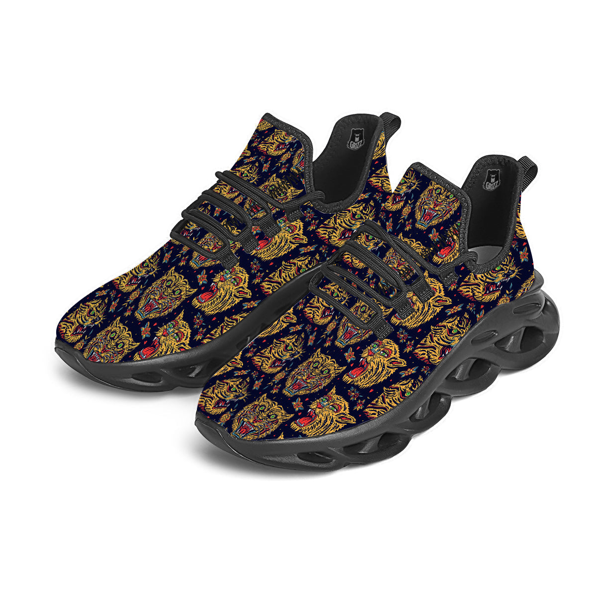 Tigers Head Tattoo Print Pattern Black Running Shoes-grizzshop