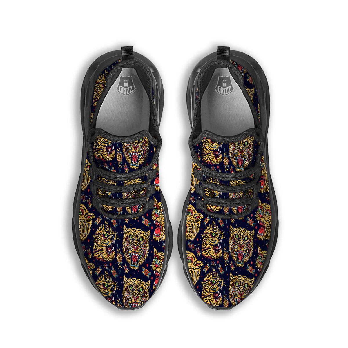 Tigers Head Tattoo Print Pattern Black Running Shoes-grizzshop