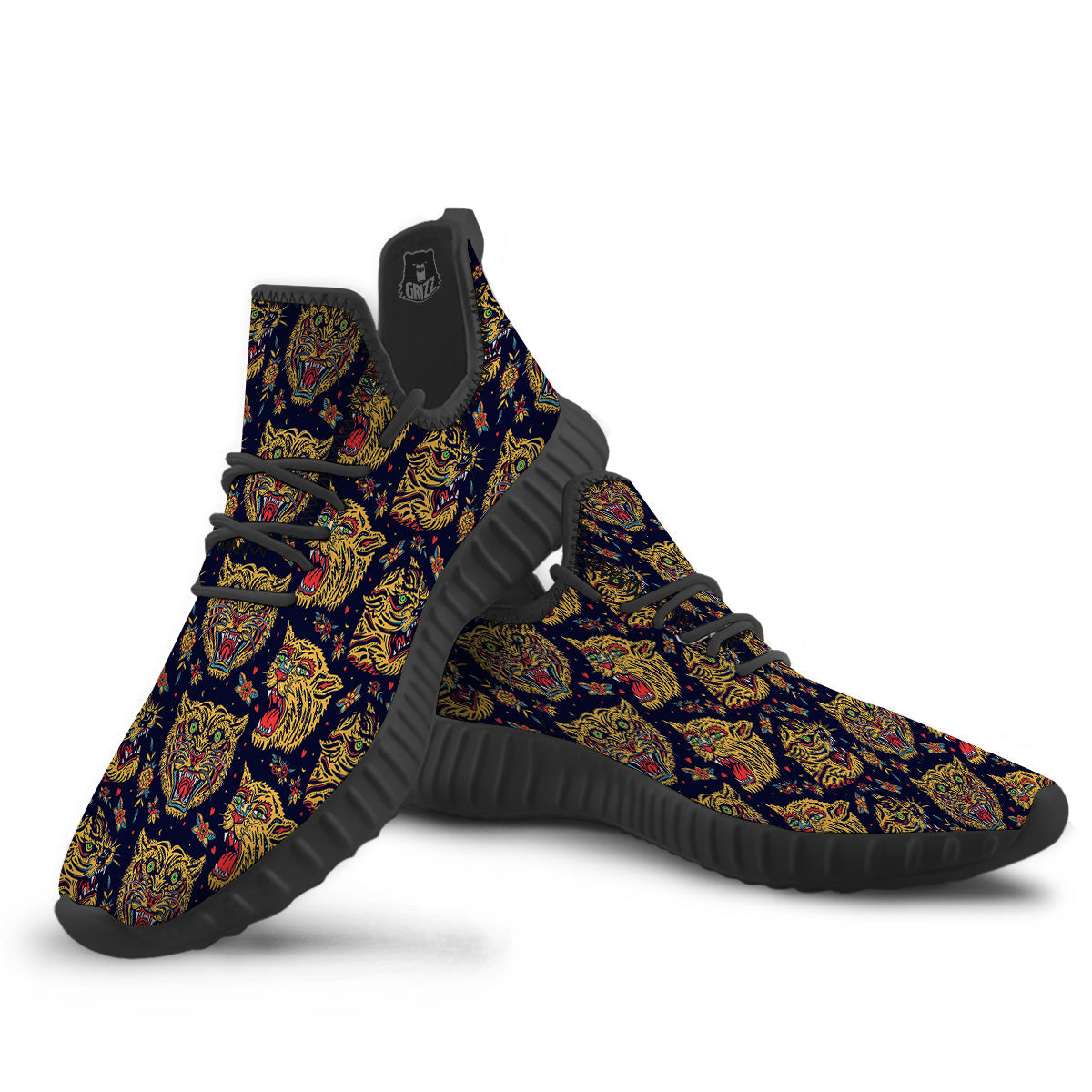 Tigers Head Tattoo Print Pattern Black Walking Shoes-grizzshop