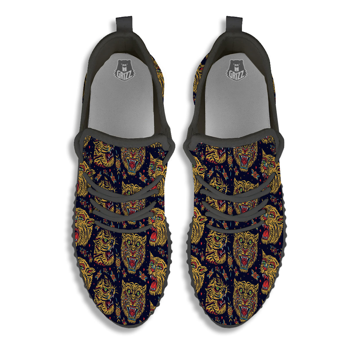 Tigers Head Tattoo Print Pattern Black Walking Shoes-grizzshop