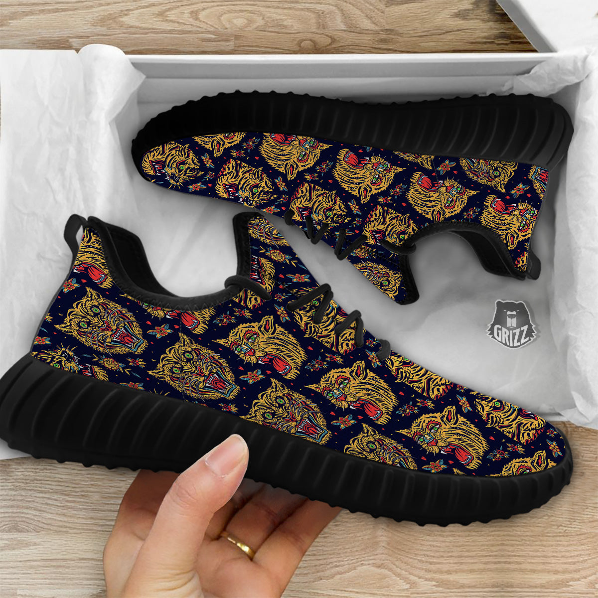 Tigers Head Tattoo Print Pattern Black Walking Shoes-grizzshop