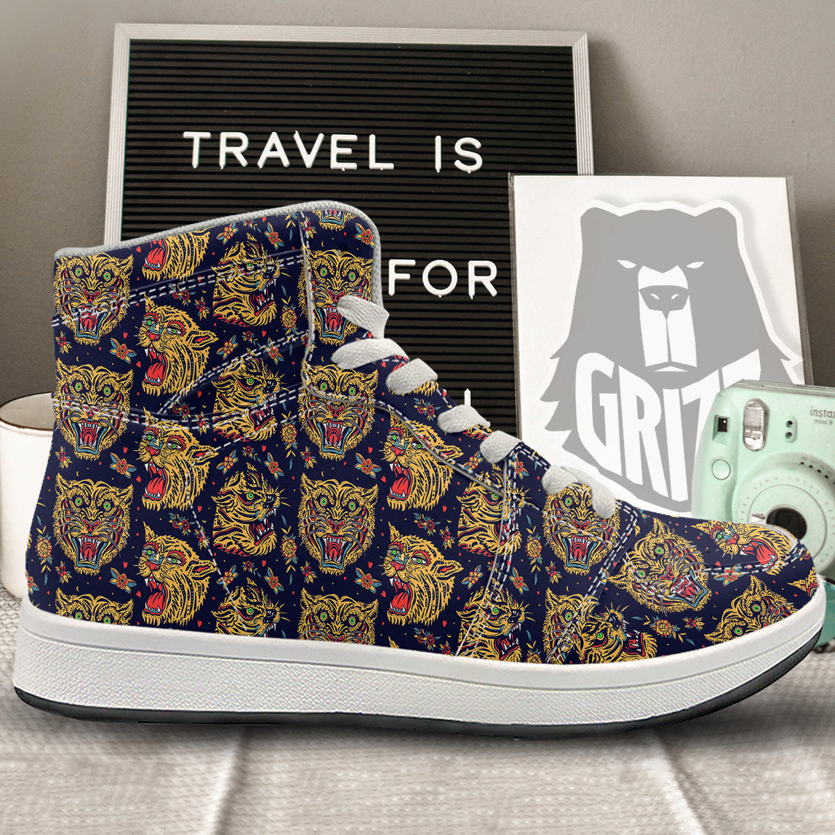 Tigers Head Tattoo Print Pattern High Top Sneakers-grizzshop