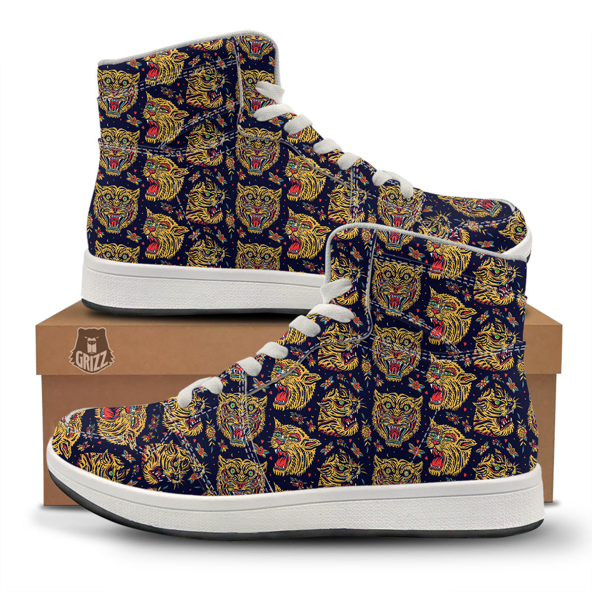 Tigers Head Tattoo Print Pattern High Top Sneakers-grizzshop