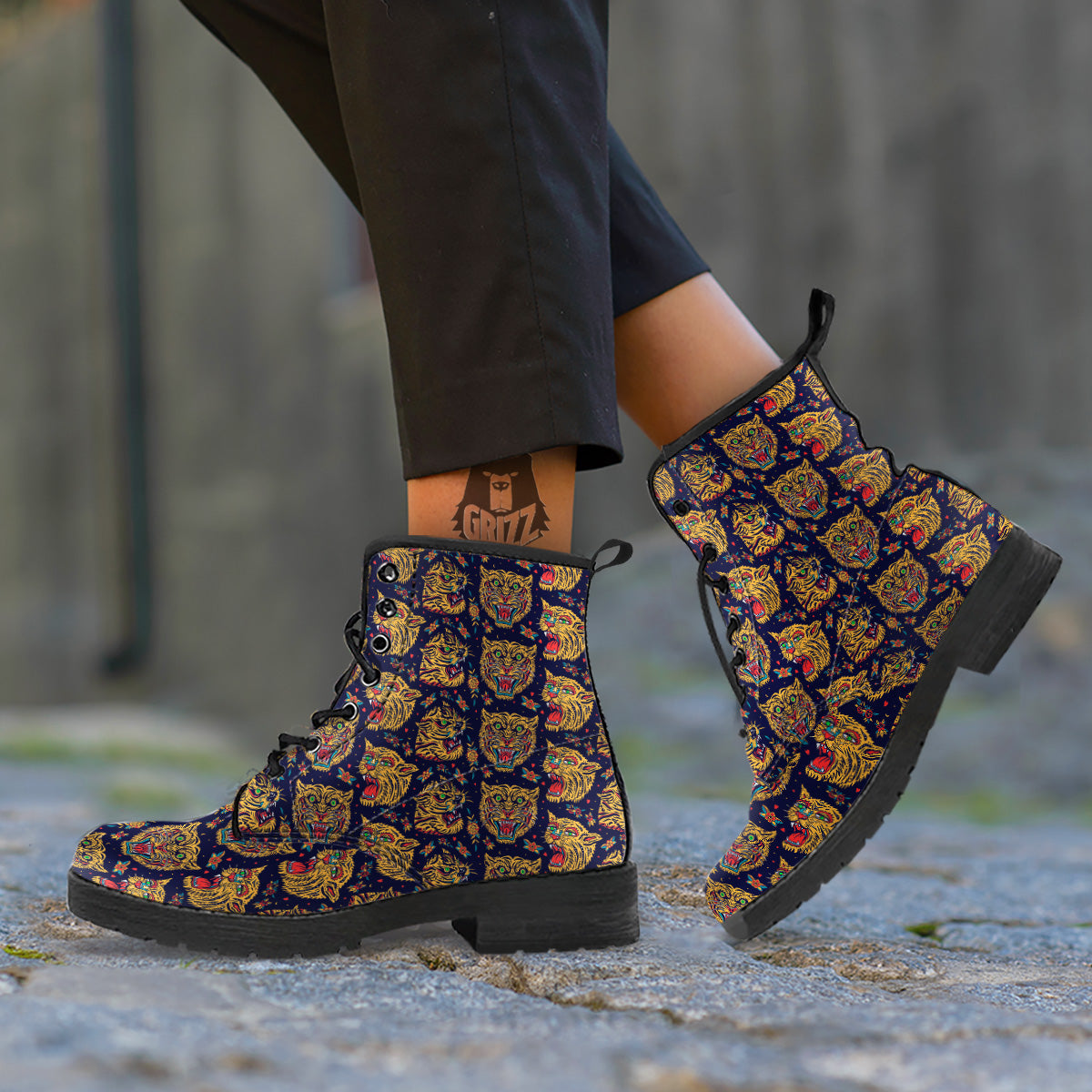Tigers Head Tattoo Print Pattern Leather Boots-grizzshop