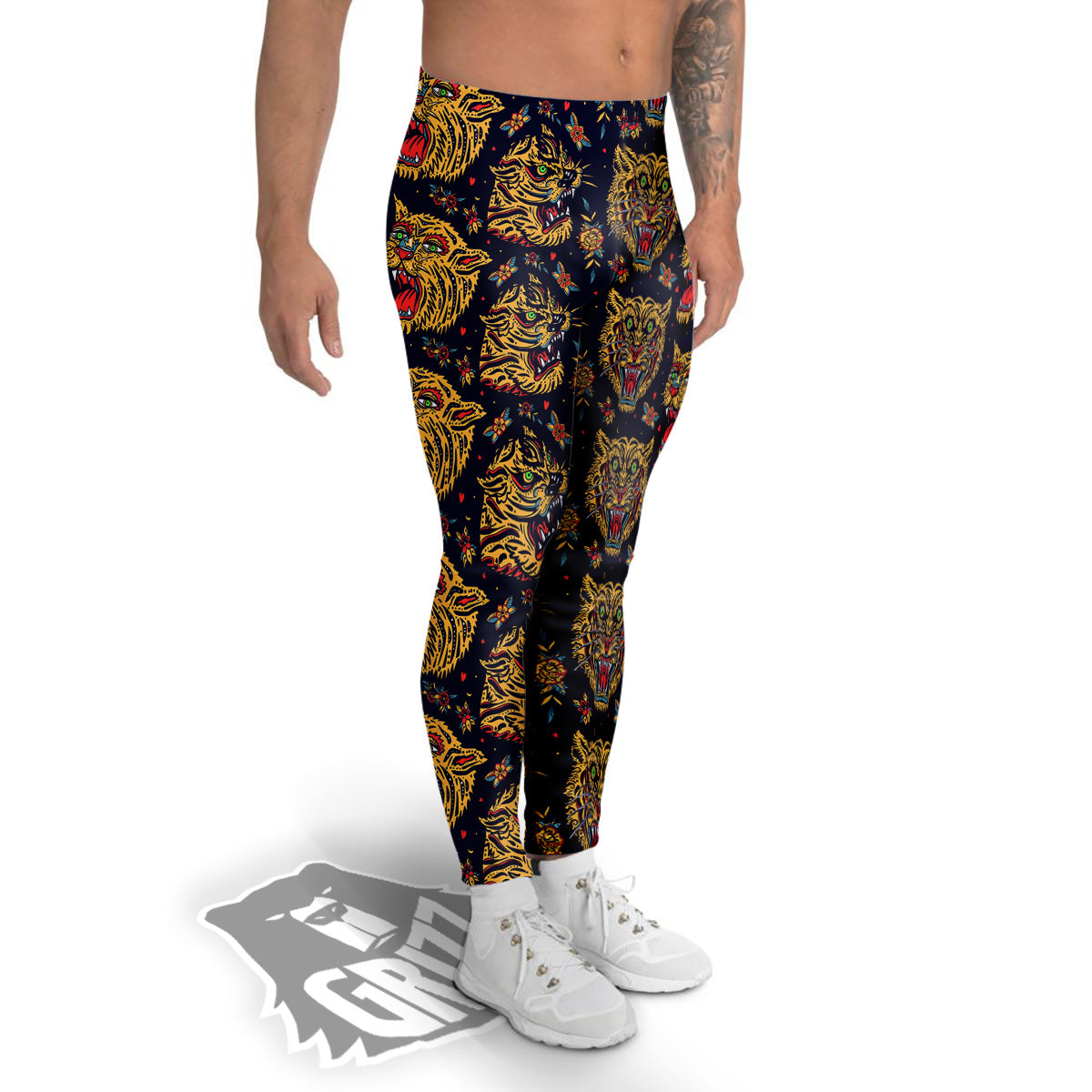 Tigers Head Tattoo Print Pattern Men's Leggings-grizzshop