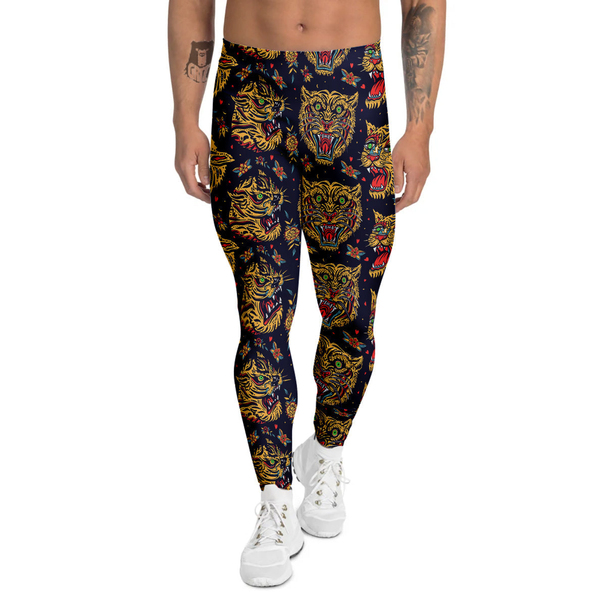 Tigers Head Tattoo Print Pattern Men's Leggings-grizzshop