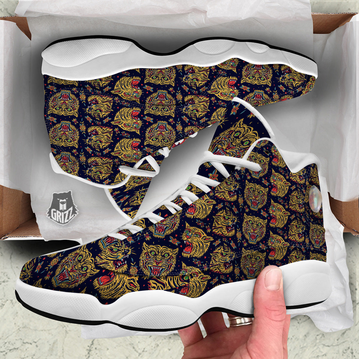 Tigers Head Tattoo Print Pattern White Basketball Shoes-grizzshop