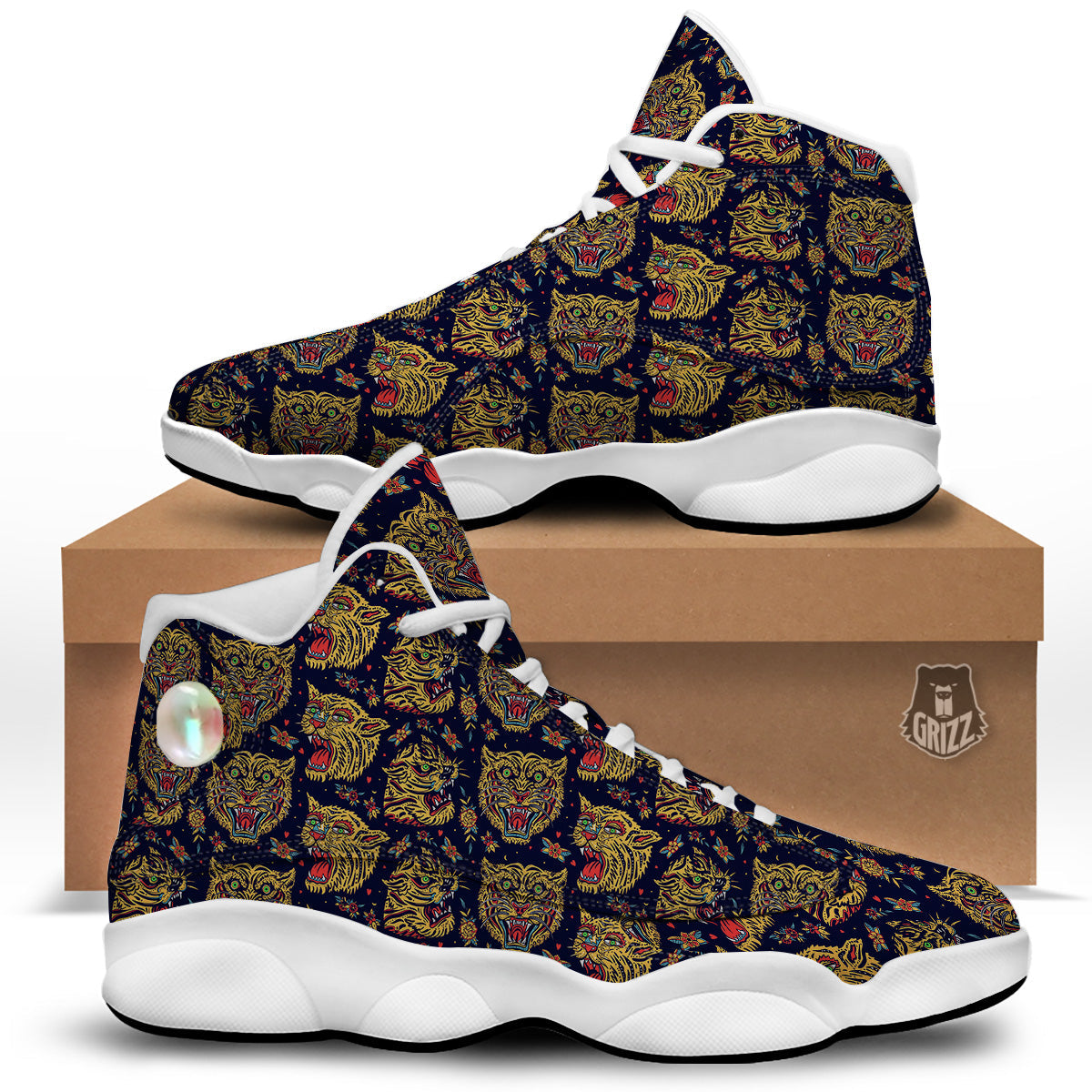 Tigers Head Tattoo Print Pattern White Basketball Shoes-grizzshop