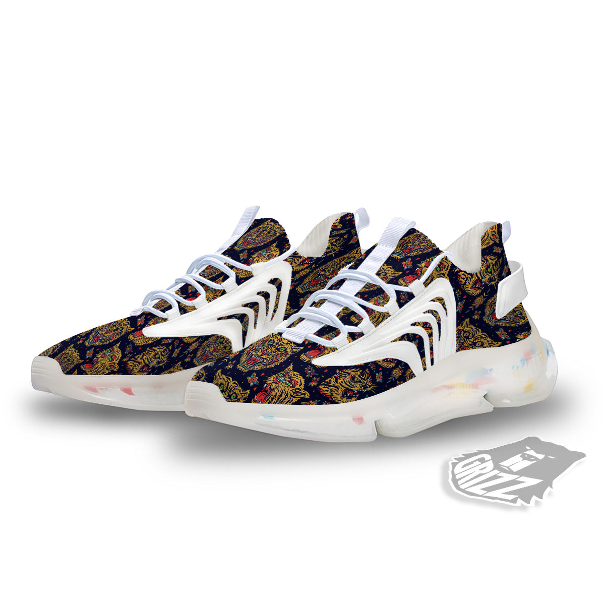 Tigers Head Tattoo Print Pattern White Gym Shoes-grizzshop