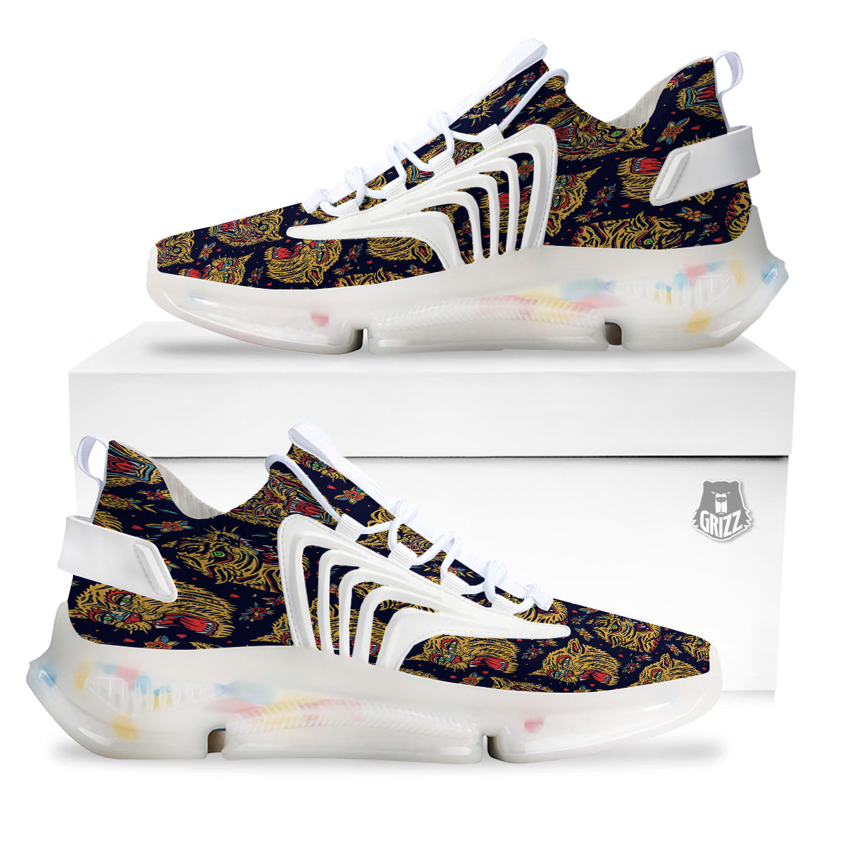 Tigers Head Tattoo Print Pattern White Gym Shoes-grizzshop