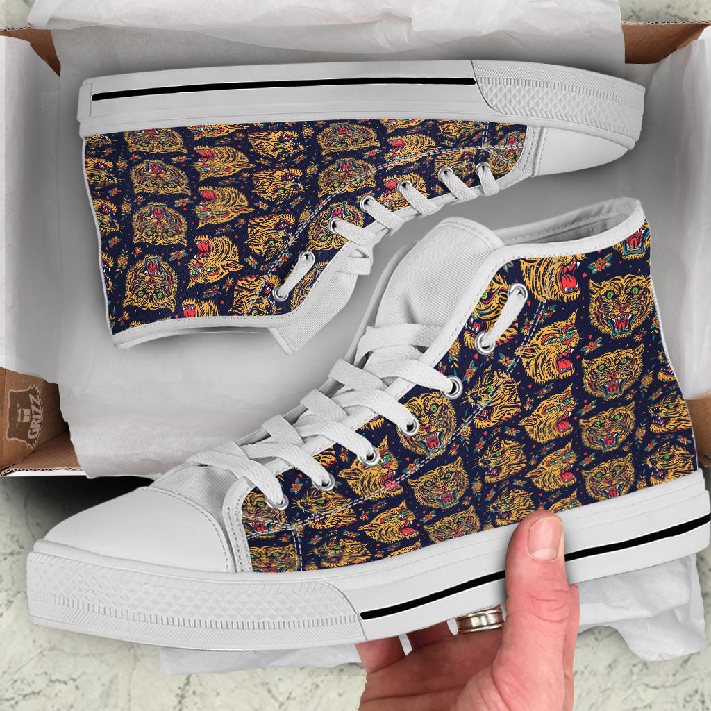 Tigers Head Tattoo Print Pattern White High Top Shoes-grizzshop