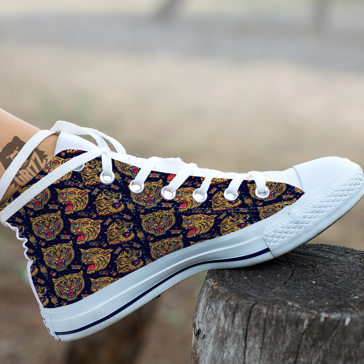 Tigers Head Tattoo Print Pattern White High Top Shoes-grizzshop