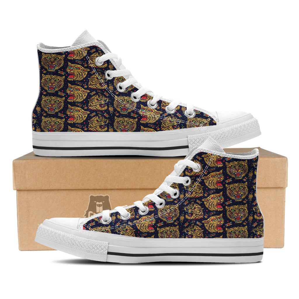Tigers Head Tattoo Print Pattern White High Top Shoes-grizzshop