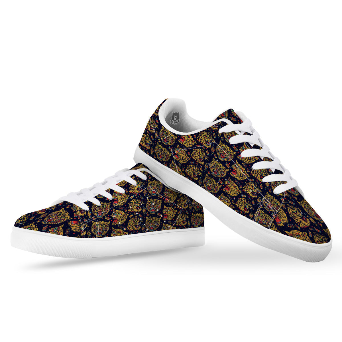 Tigers Head Tattoo Print Pattern White Low Top Sneakers-grizzshop