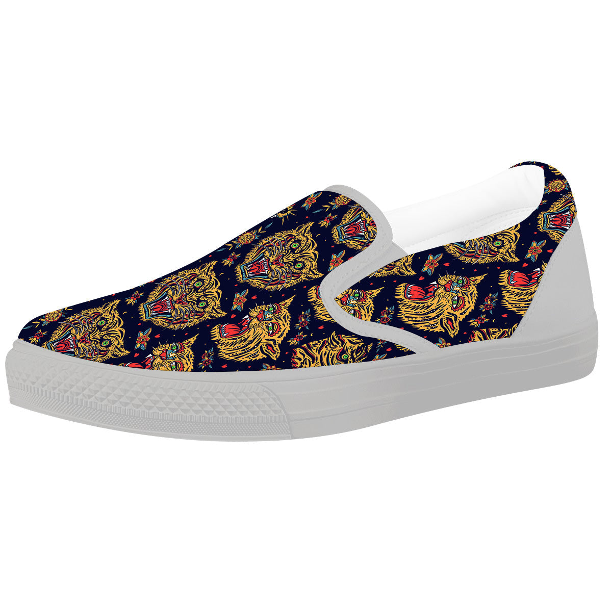 Tigers Head Tattoo Print Pattern White Slip On Shoes-grizzshop