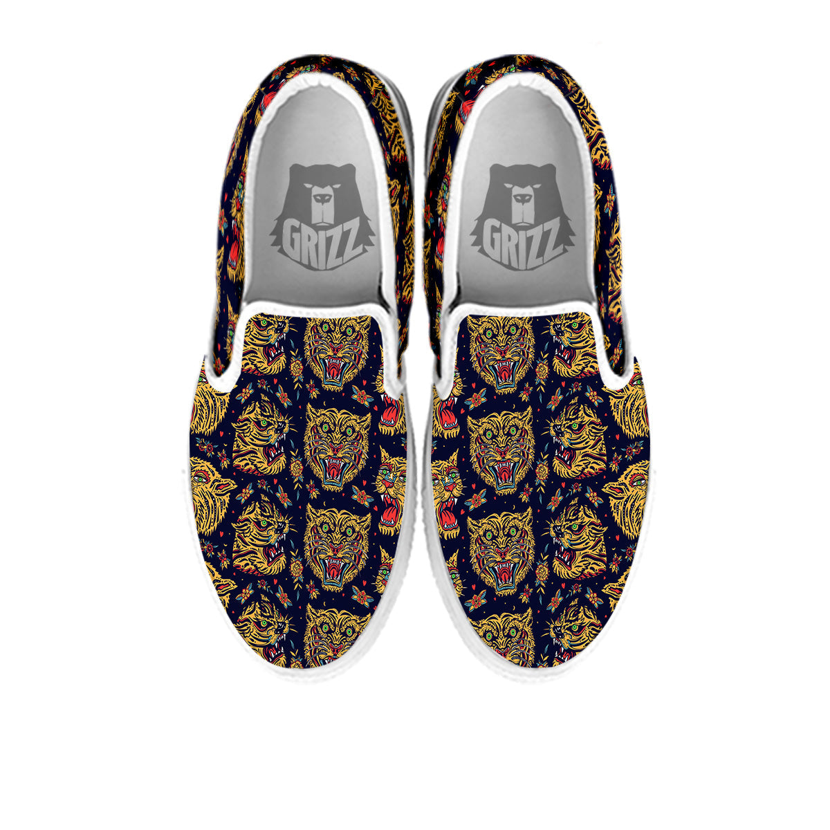 Tigers Head Tattoo Print Pattern White Slip On Shoes-grizzshop
