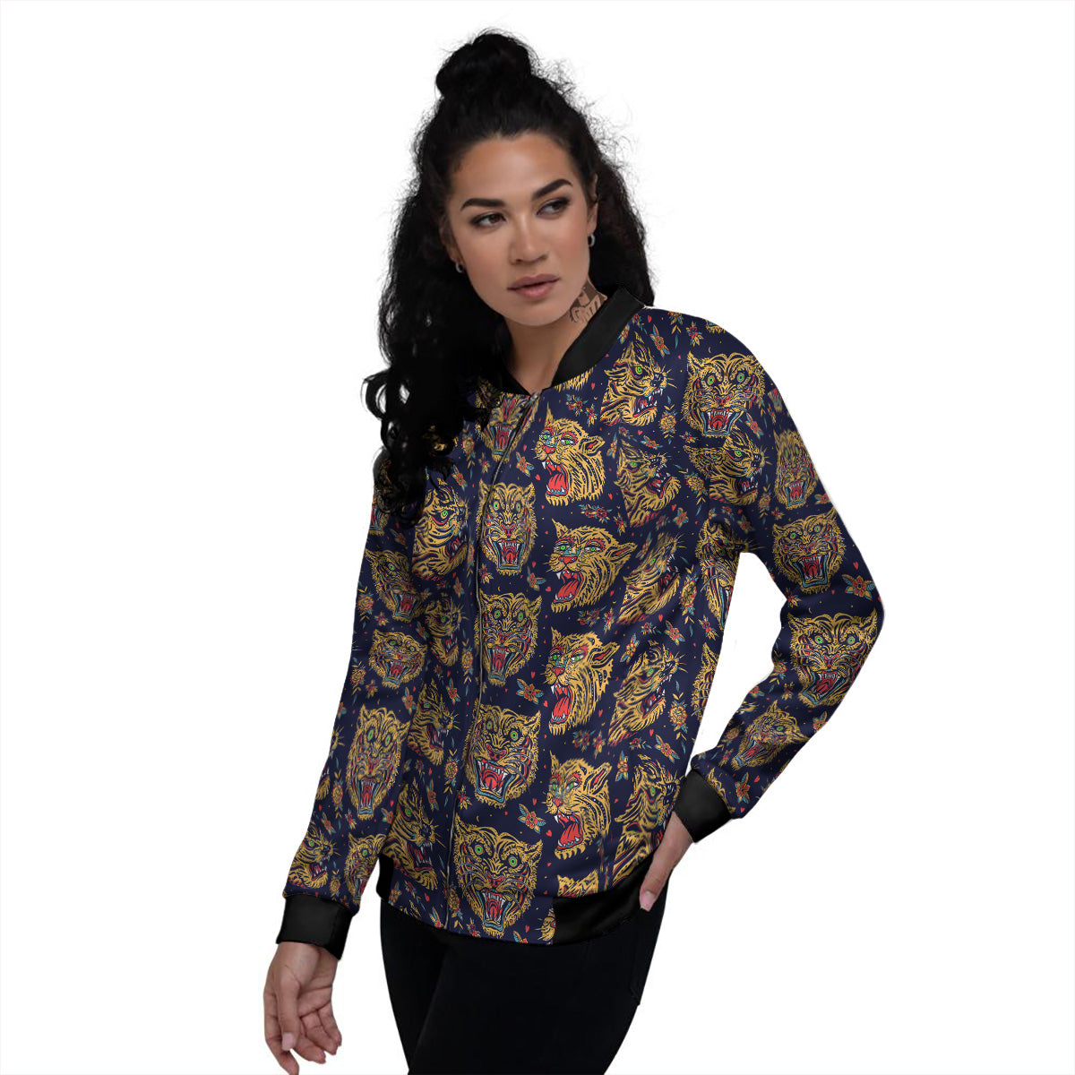 Tigers Head Tattoo Print Pattern Women's Bomber Jacket-grizzshop