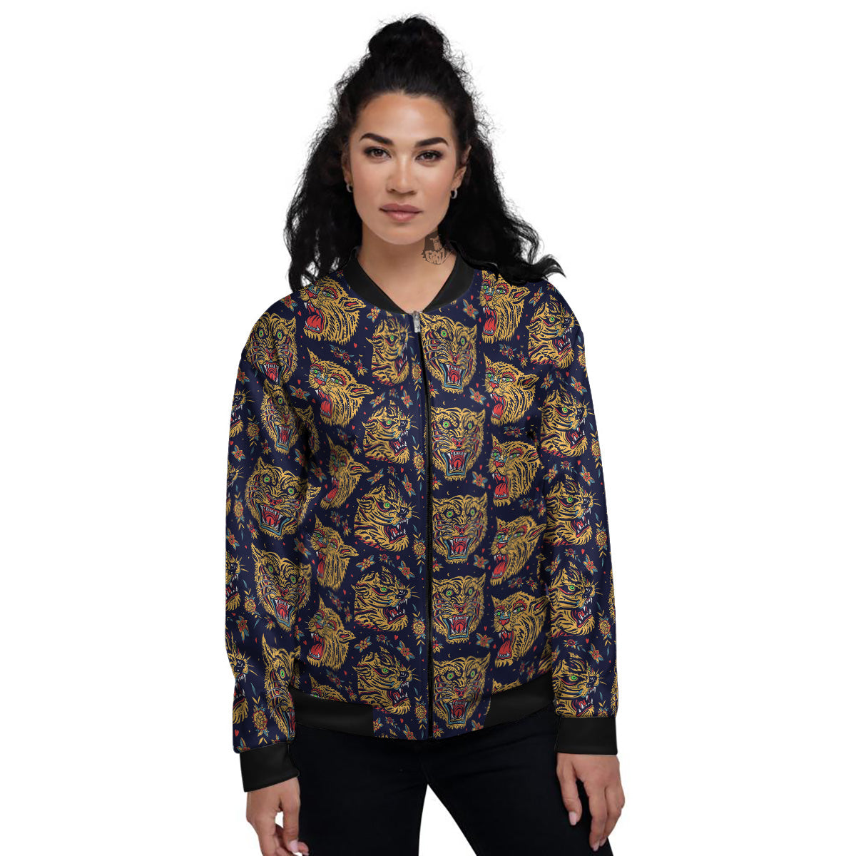 Tigers Head Tattoo Print Pattern Women's Bomber Jacket-grizzshop