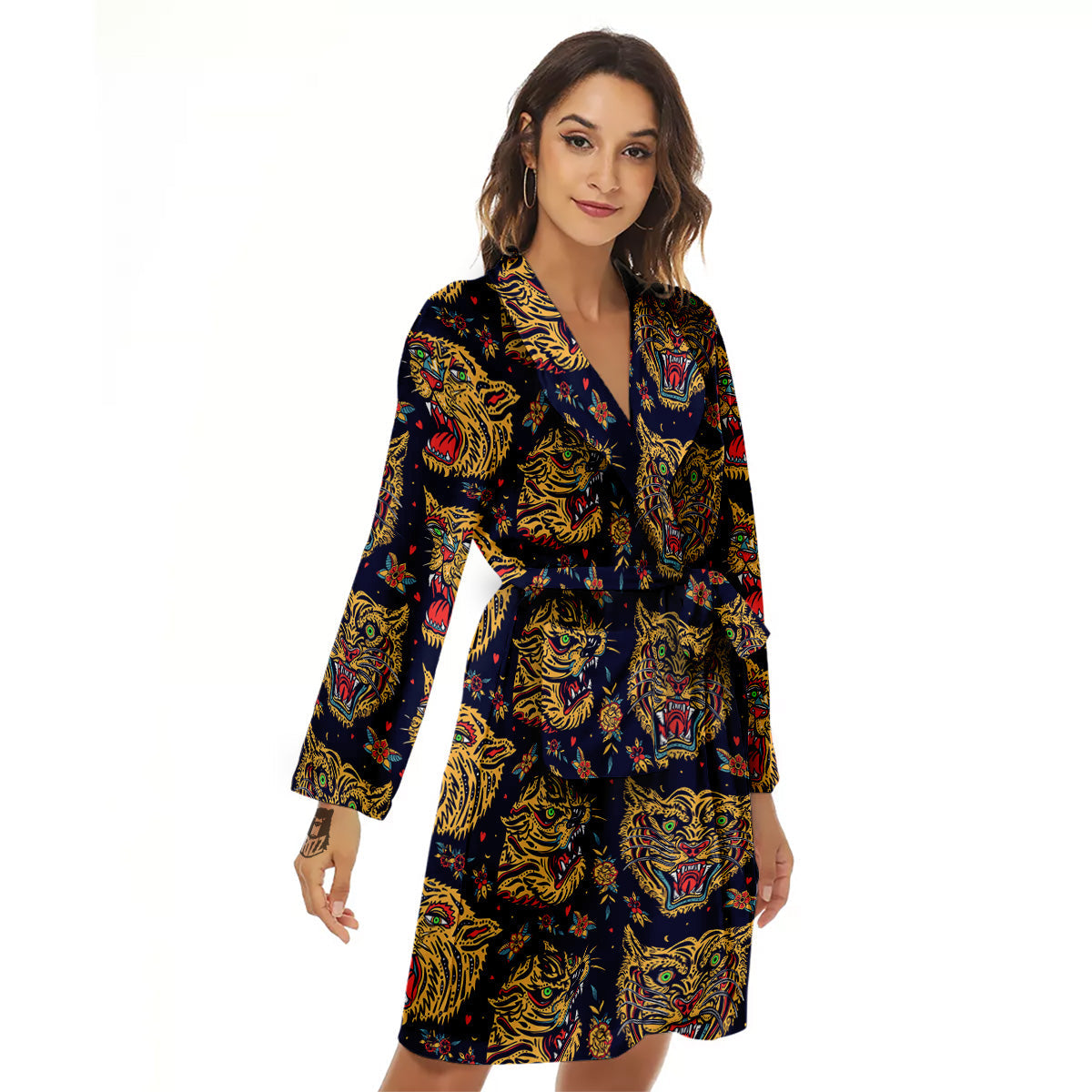 Tigers Head Tattoo Print Pattern Women's Robe-grizzshop