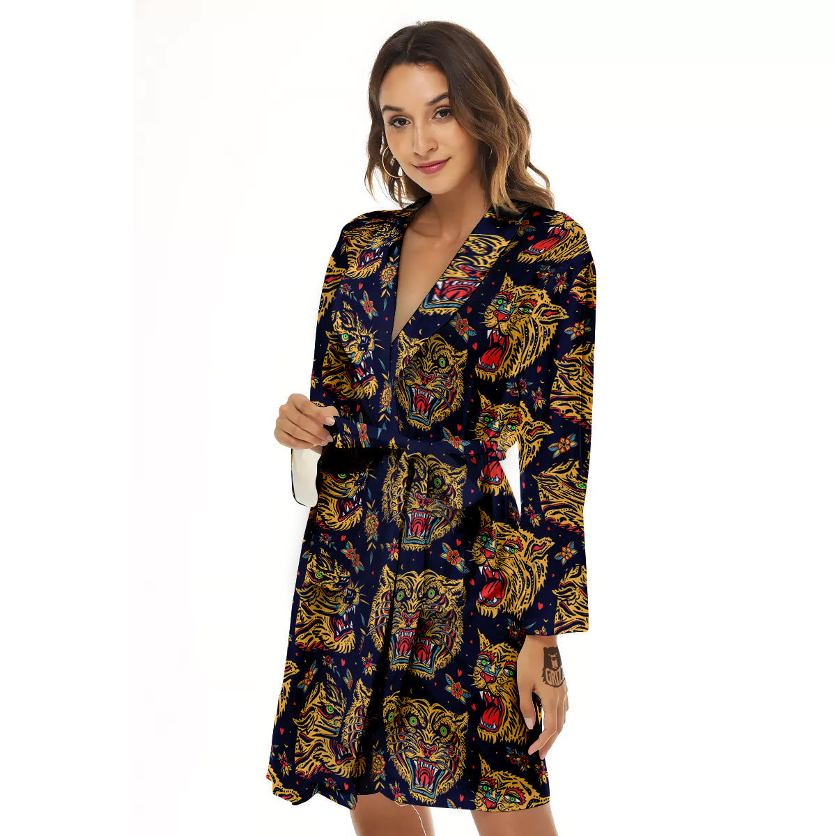 Tigers Head Tattoo Print Pattern Women's Robe-grizzshop