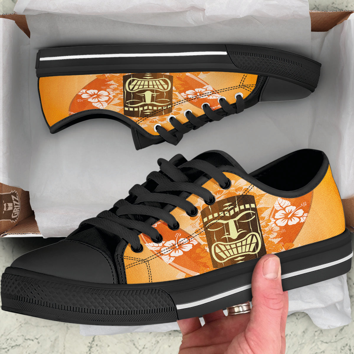 Tiki Aloha Print Black Low Top Shoes-grizzshop