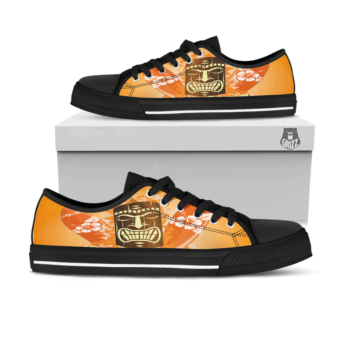 Tiki Aloha Print Black Low Top Shoes-grizzshop