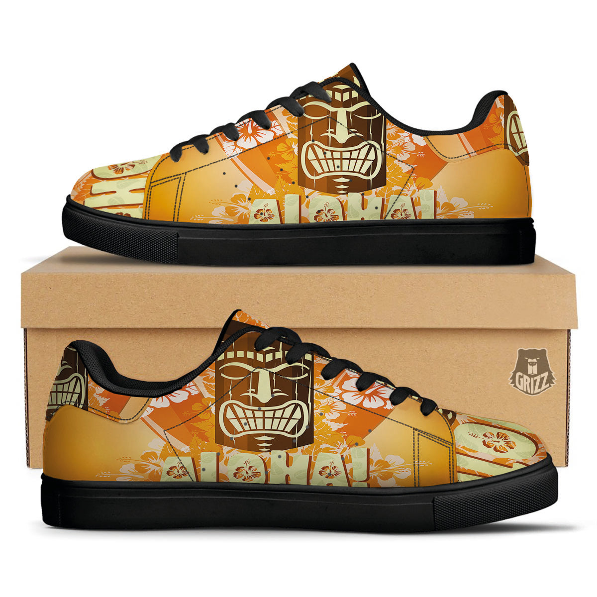 Tiki Aloha Print Black Low Top Sneakers-grizzshop
